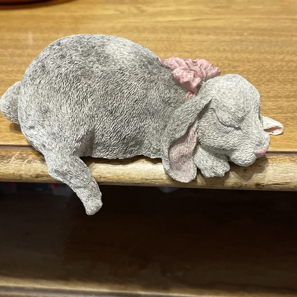 Sleeping Gray Bunny Rabbit with Pink Bow Resin Shelf Sitter Spring Nursery Room